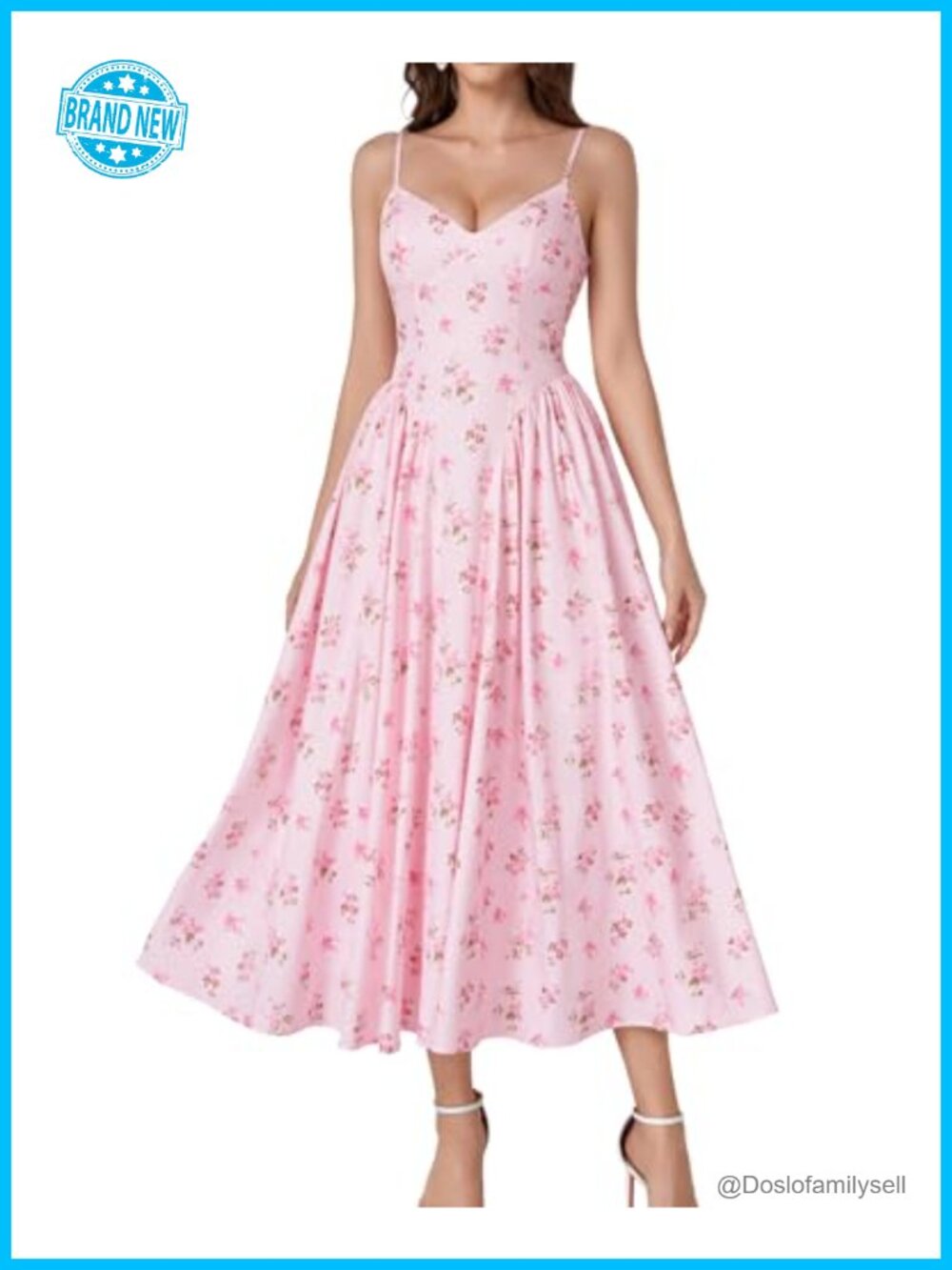Floral Corset Midi Dress V-Neck Lace Up Fit Flare Wedding Guest